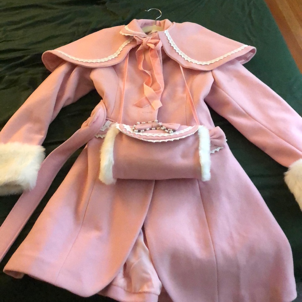 Pink and white Lolita coat, muff, and cape set